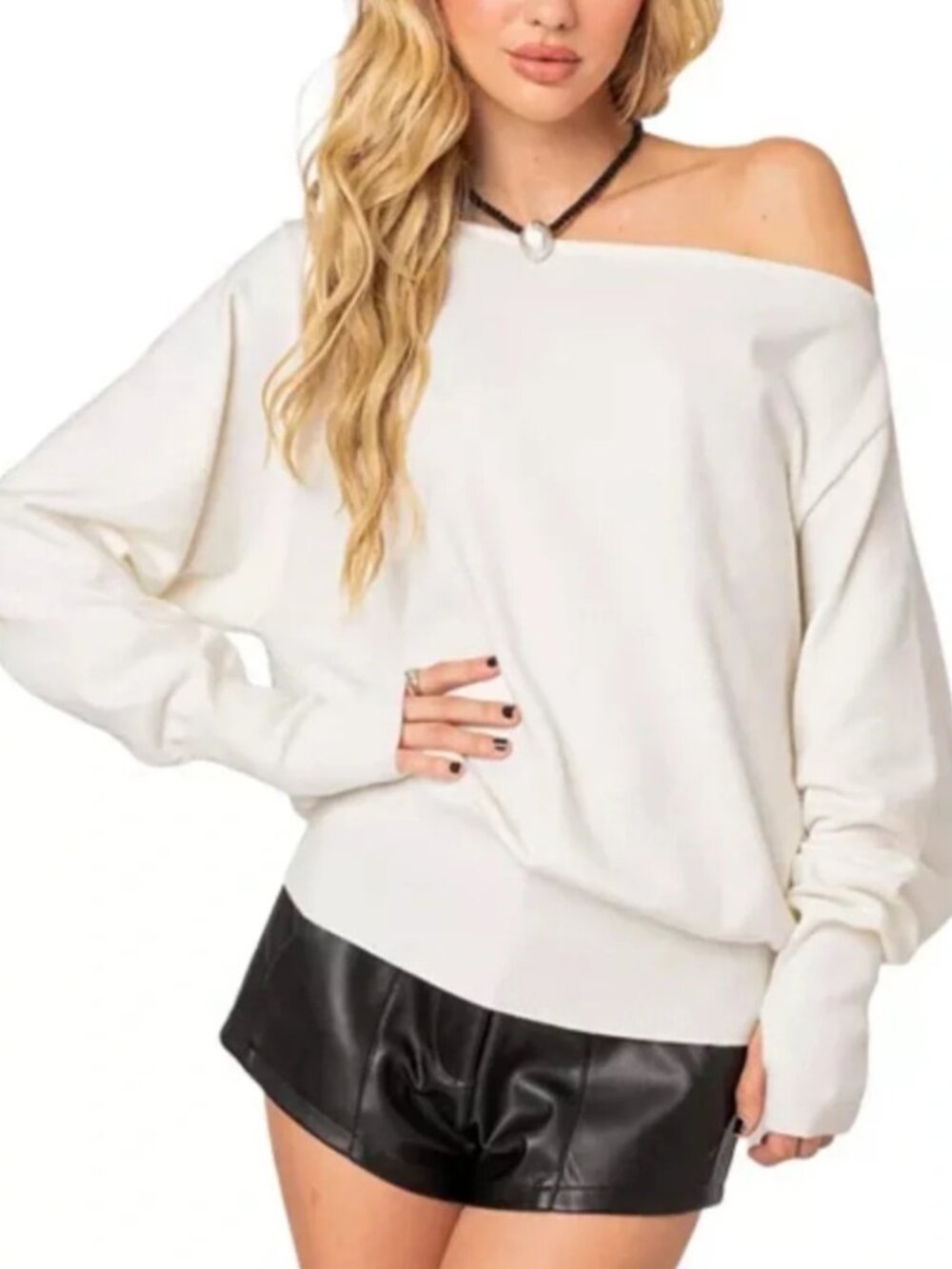 EDIKTED Off the Shoulder Oversized Sweater Cream White Covertible Neutral Sz XS